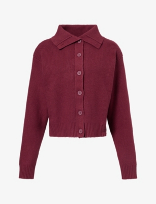 Adanola Womens Funnel-neck Collared Cotton-knit Cardigan Damson Red