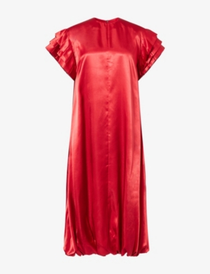 Noir Kei Ninomiya Womens Balloon-hem Ruffle Satin Midi Dress Red Xs
