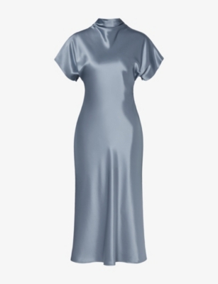 Malina Womens Alivia Cowl-neck Satin Midi Dress Steel Blue