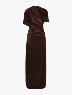 Malina Womens Cassia Cape-detail Satin Maxi Dress Dark Brown