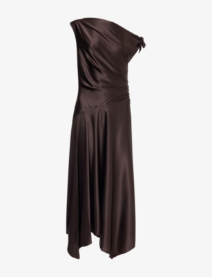 Staud Womens Portia Asymmetric Silk Dress Earth