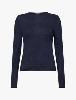 Me And Em And Em Womens Barely There Merino Wool And Cashmere Top Navy In Blue