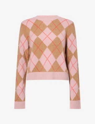 Me And Em And Em Womens Argyle Relaxed-fit Cashmere Jumper Smoke Pink In Multi
