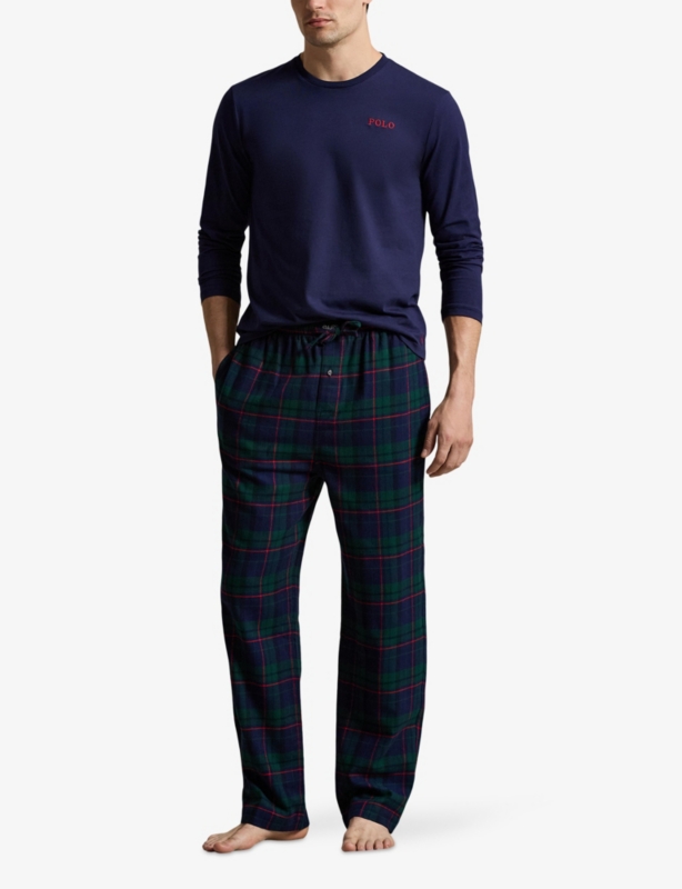 Polo Bear Embroidered Cotton Jersey And Plaid Flannel Pyjama Set