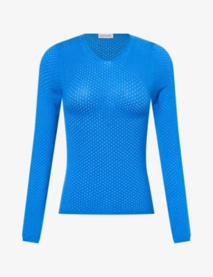 Peachy Den Womens Thermal Cut-out Stretch-jersey Top Lapis