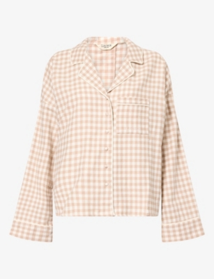 Lounge Womens Gingham Cotton Pyjama Shirt Beige Xs