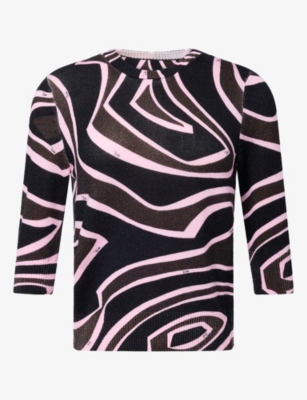 Pucci Womens Swirl-print Low Scoop-back Wool Jumper Khaki Pink Xs In Multi