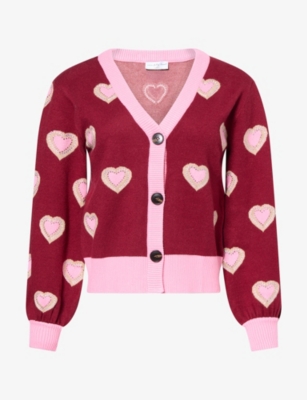 Never Fully Dressed Womens Red Hearts-intarsia V-neck Knitted Cardigan