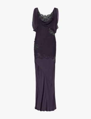 De La Vali Womens Midnight Emerald Embellished Sheer Maxi Dress