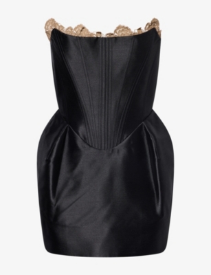 De La Vali Womens Black And Truffle Brown Nocturne Corset Satin Mini Dress