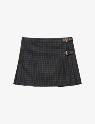 Prada Womens Blue Checked Wool-blend Mini Skirt
